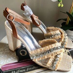VENUS Tan Raffia Block Heel Sandals with Crystal Straps New